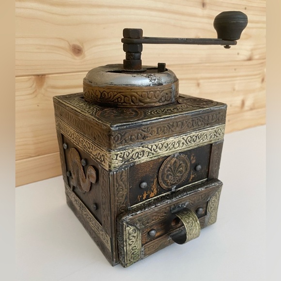 Other - SOLD Moroccan Coffee Grinder Vintage Hand Crank Ornate Brass Metal & Wood Boho